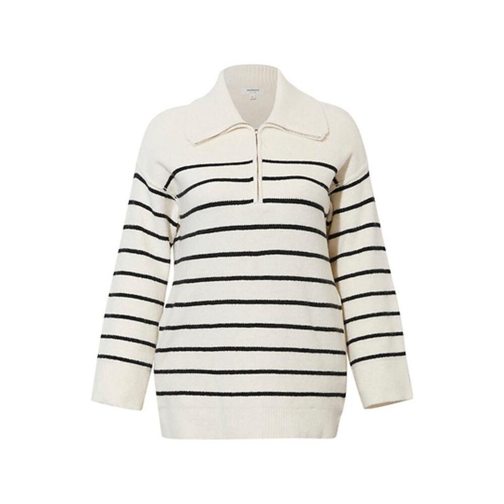 WEEKEND Women's Half Zip Striped Sweater Size 1X In Ivory Black Stripe
